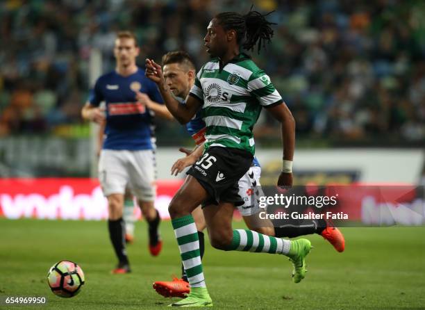 Sporting CP's defender Ruben Semedo from Portugal with Nacional's midfielder Dejan Mezga from Croatia in action during the Primeira Liga match...