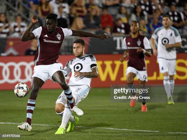 Dominique Badji, #14, Colorado Rapids, gets the ball past Minnesota United defender Francisco Calvo and scored an easy goal against Minnesota...