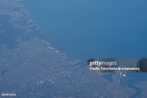 saijo city and seto inland sea, daytime aerial view from airplane - saijo ehime stock pictures, royalty-free photos & images