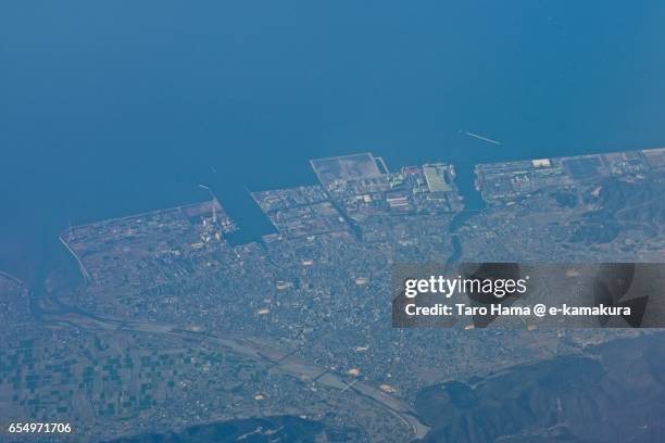saijo city and seto inland sea, daytime aerial view from airplane - saijo ehime stock pictures, royalty-free photos & images