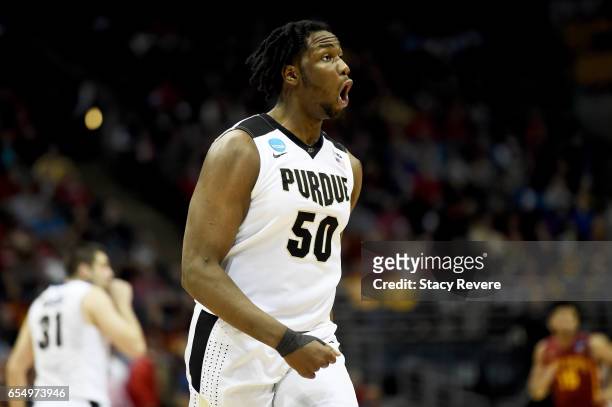 Caleb Swanigan of the Purdue Boilermakers reacts in the first half against the Iowa State Cyclones during the second round of the 2017 NCAA...