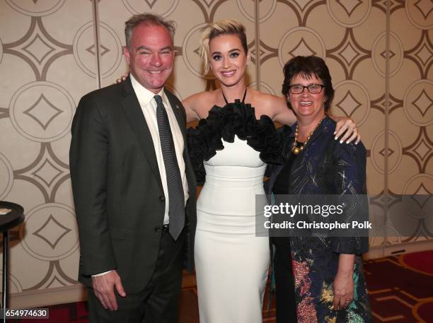 Senator Tim Kaine, singer Katy Perry and Anne Holton at The Human Rights Campaign 2017 Los Angeles Gala Dinner at JW Marriott Los Angeles at L.A....