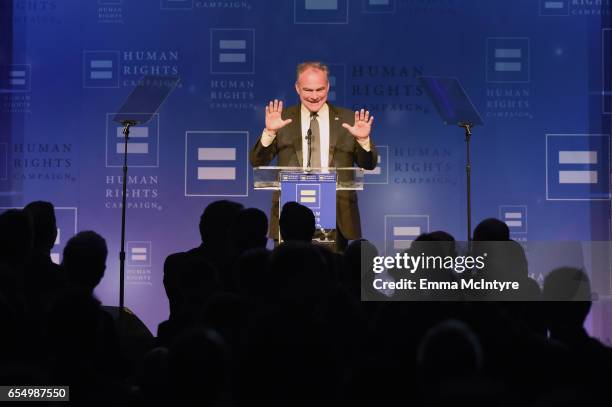 Senator Tim Kaine speaks onstage at The Human Rights Campaign 2017 Los Angeles Gala Dinner at JW Marriott Los Angeles at L.A. LIVE on March 18, 2017...