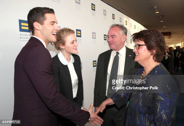 Media founder Raymond Braun, actor AJ Michalka, Senator Tim Kaine, and Anne Holton at The Human Rights Campaign 2017 Los Angeles Gala Dinner at JW...
