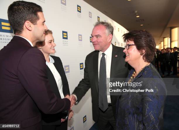 Media founder Raymond Braun, actor AJ Michalka, Senator Tim Kaine, and Anne Holton at The Human Rights Campaign 2017 Los Angeles Gala Dinner at JW...