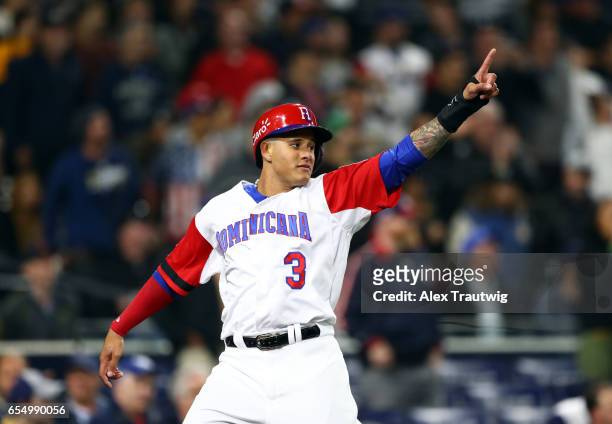 Manny Machado of Team Dominican Republic reacts after scoring in the bottom of the first inning of Game 6 of Pool F of the 2017 World Baseball...