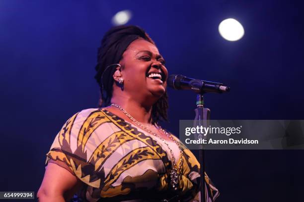 Singer Jill Scott performs on stage at The 12th Annual Jazz In The Gardens Music Festival - Day 1 at Hard Rock Stadium on March 18, 2017 in Miami...