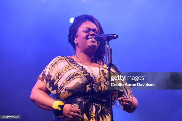 Singer Jill Scott performs on stage at The 12th Annual Jazz In The Gardens Music Festival - Day 1 at Hard Rock Stadium on March 18, 2017 in Miami...