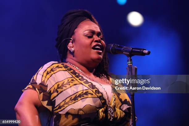 Singer Jill Scott performs on stage at The 12th Annual Jazz In The Gardens Music Festival - Day 1 at Hard Rock Stadium on March 18, 2017 in Miami...