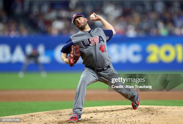 Danny Duffy of Team USA pitches during Game 6 of Pool F of the 2017 World Baseball Classic against Team Dominican Republic on Saturday, March 18,...