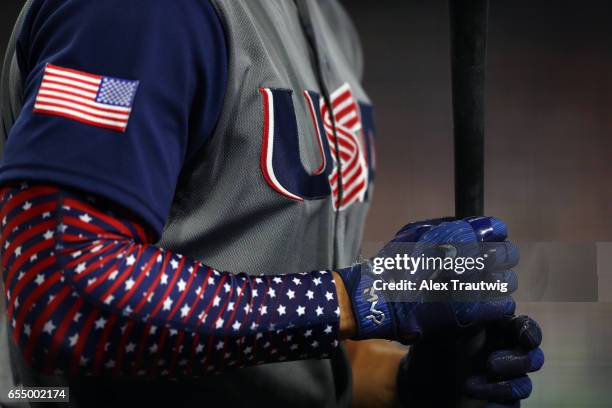 Detail shot of the batting gloves of Giancarlo Stanton of Team USA during Game 6 of Pool F of the 2017 World Baseball Classic against Team Dominican...