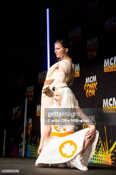 Sister coslay team perform at the end of day 1 as Rey and BB-8 during the MCM Birmingham Comic Con at NEC Arena on March 18, 2017 in Birmingham,...