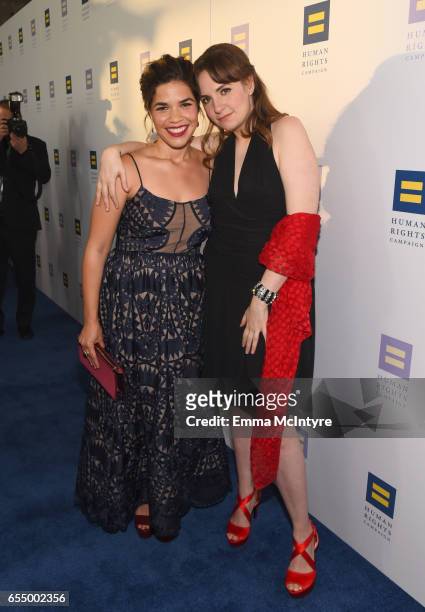 Actors America Ferrera and Lena Dunham at The Human Rights Campaign 2017 Los Angeles Gala Dinner at JW Marriott Los Angeles at L.A. LIVE on March 18,...