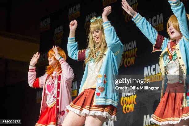 Cosplay performances at the end of day 1 of the MCM Birmingham Comic Con at NEC Arena on March 18, 2017 in Birmingham, England.