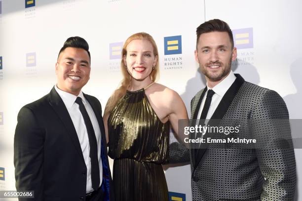 Event Co-Chairs Travis Dina-Pham, Jessica Bair, and Chris Boone at The Human Rights Campaign 2017 Los Angeles Gala Dinner at JW Marriott Los Angeles...