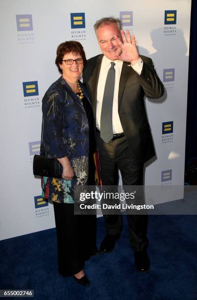 Former Secretary of Education of Virginia Anne Holton and United States Senator Tim Kaine attend the Human Rights Campaign's 2017 Los Angeles Gala...