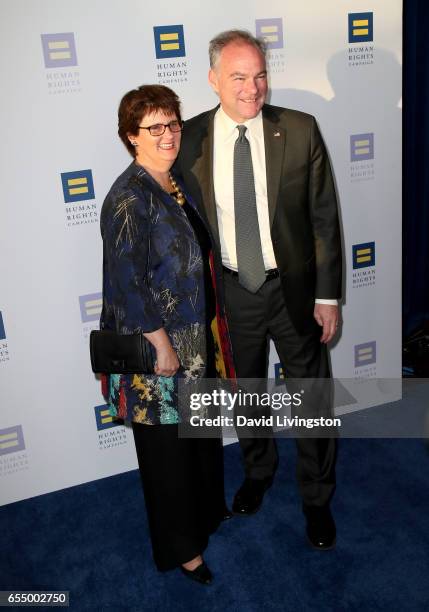 Former Secretary of Education of Virginia Anne Holton and United States Senator Tim Kaine attend the Human Rights Campaign's 2017 Los Angeles Gala...