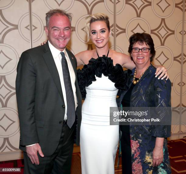 Senator Tim Kaine, singer Katy Perry and Anne Holton at The Human Rights Campaign 2017 Los Angeles Gala Dinner at JW Marriott Los Angeles at L.A....