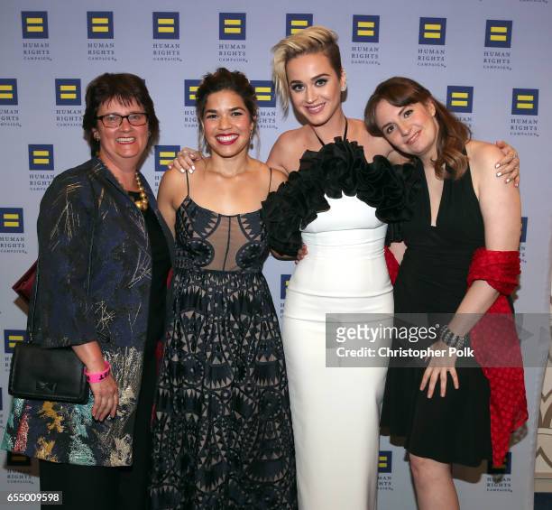 Anne Holton, actor America Ferrera, singer Katy Perry, and actor Lena Dunham at The Human Rights Campaign 2017 Los Angeles Gala Dinner at JW Marriott...