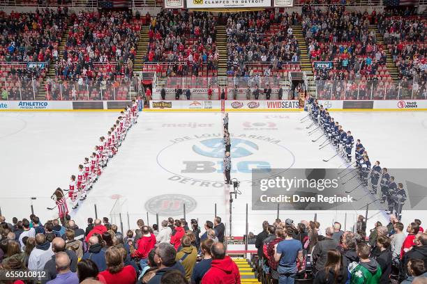 Wide view of Joe Louis Arena before the start the Big Ten Men's Ice Hockey Tournament - Championship game between the Penn State Nittany Lions and...