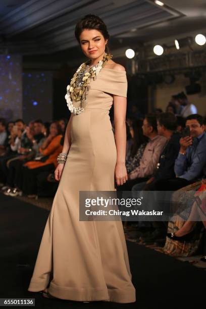 Model walks the runway at the Mona Shroff show during India Intimate Fashion Week 2017 at Hotel Leela on March 18, 2017 in Mumbai, India.