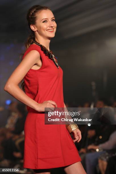 Model walks the runway at the Mona Shroff show during India Intimate Fashion Week 2017 at Hotel Leela on March 18, 2017 in Mumbai, India.