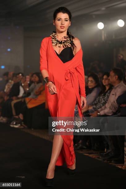 Model walks the runway at the Mona Shroff show during India Intimate Fashion Week 2017 at Hotel Leela on March 18, 2017 in Mumbai, India.