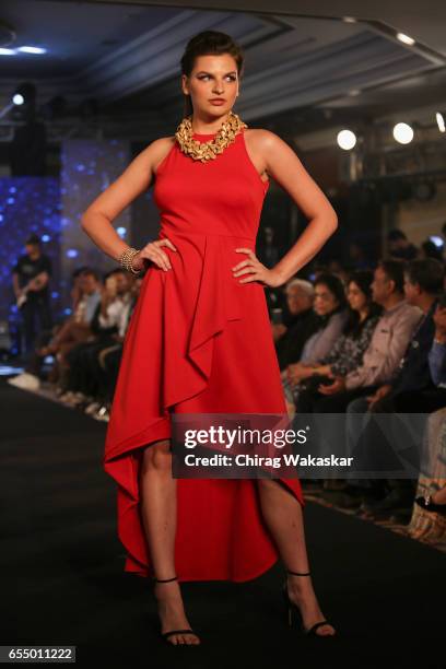 Model walks the runway at the Mona Shroff show during India Intimate Fashion Week 2017 at Hotel Leela on March 18, 2017 in Mumbai, India.