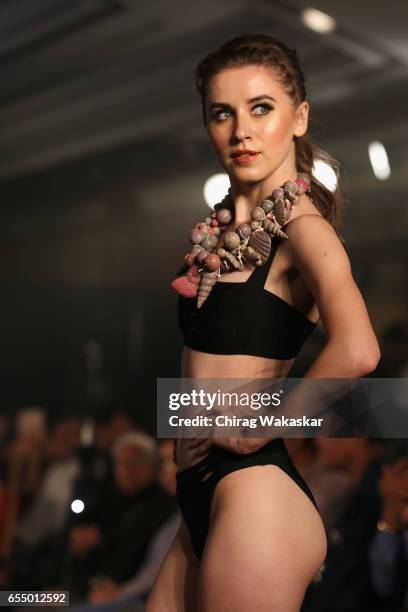 Model walks the runway at the Mona Shroff show during India Intimate Fashion Week 2017 at Hotel Leela on March 18, 2017 in Mumbai, India.