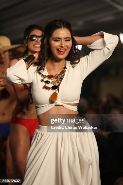 Minakshi Dixit walks the runway at the Mona Shroff show during India Intimate Fashion Week 2017 at Hotel Leela on March 18, 2017 in Mumbai, India.