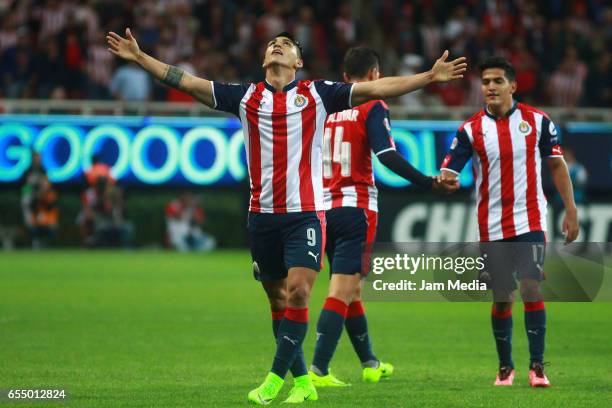Alan Pulido of Chivas celebrates after scoring his team's first goal during the 11th round match between Chivas and Santos as part of the Torneo...