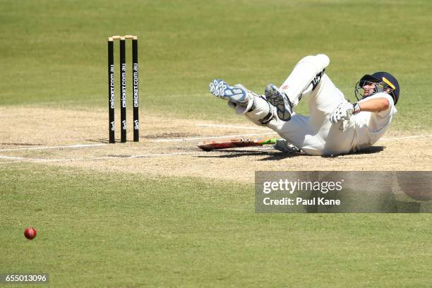 Ed Cowan of New South Wales slips while avoiding being run-out during the Sheffield Shield match between Western Australia and New South Wales at...