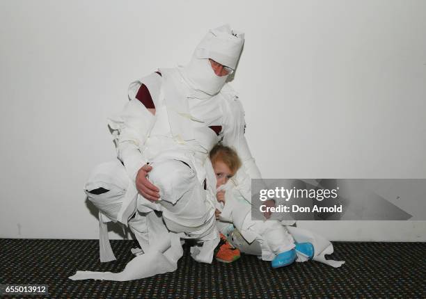 Brendon Fox and Heather Fox pose at Powerhouse Museum on March 19, 2017 in Sydney, Australia. A total of 846 people wrapped themselves in toilet...