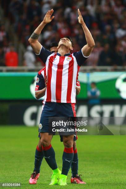 Alan Pulido of Chivas celebrates after scoring his team's first goal during the 11th round match between Chivas and Santos as part of the Torneo...