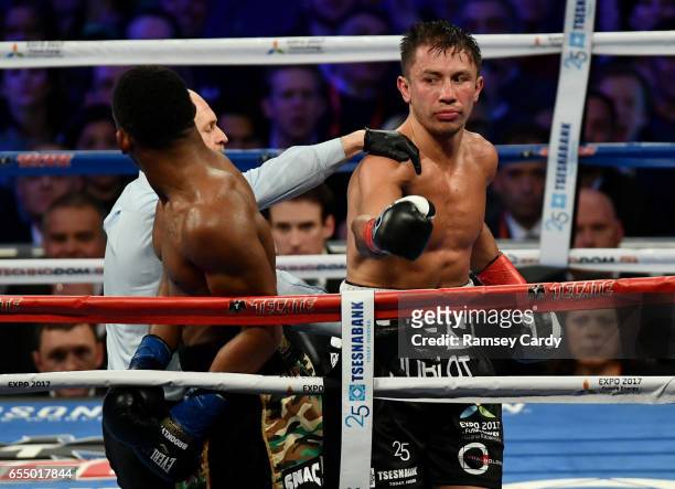 New York , United States - 18 March 2017; Gennady Golovkin, right, in action against Daniel Jacobs during their middleweight title bout at Madison...
