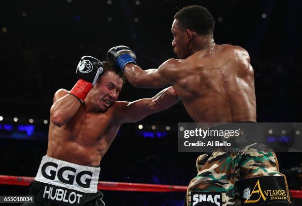 Daniel Jacobs punches Gennady Golovkin during their Championship fight for Golovkin's WBA/WBC/IBF middleweight title at Madison Square Garden on...