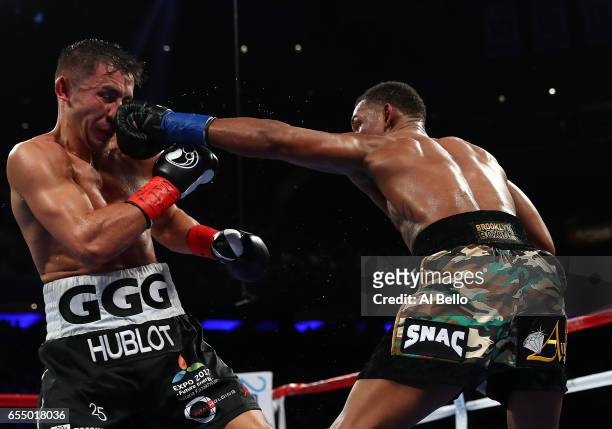 Daniel Jacobs punches Gennady Golovkin during their Championship fight for Golovkin's WBA/WBC/IBF middleweight title at Madison Square Garden on...