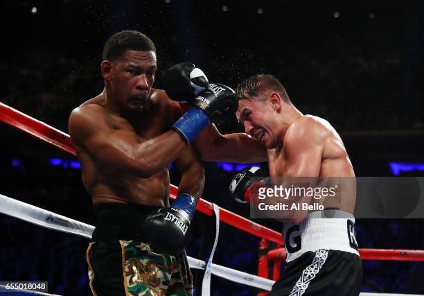 Gennady Golovkin punches Daniel Jacobs during their Championship fight for Golovkin's WBA/WBC/IBF middleweight title at Madison Square Garden on...