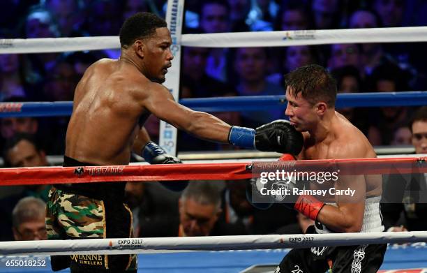 New York , United States - 18 March 2017; Gennady Golovkin, right, in action against Daniel Jacobs during their middleweight title bout at Madison...