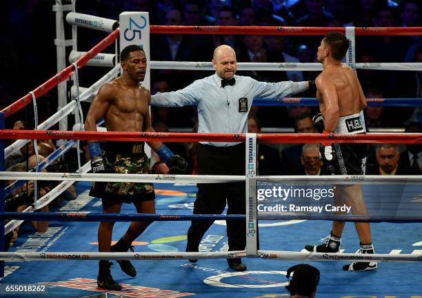 New York , United States - 18 March 2017; Gennady Golovkin, right, in action against Daniel Jacobs during their middleweight title bout at Madison...