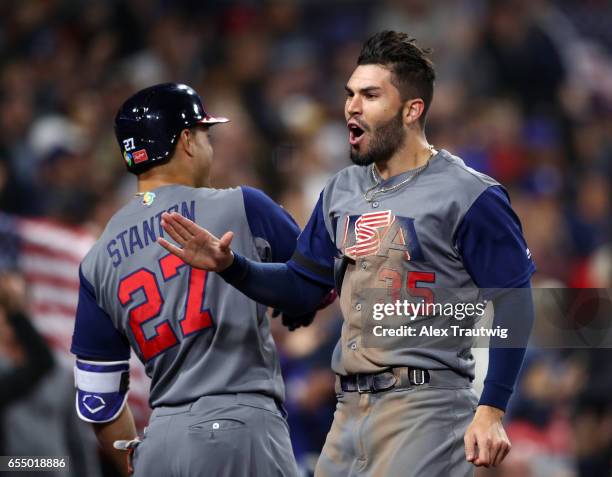 Eric Hosmer of Team USA celebrates after scoring in the top of the eighth inning of Game 6 of Pool F of the 2017 World Baseball Classic against Team...