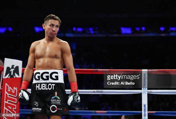 Gennady Golovkin looks on against Daniel Jacobs during their Championship fight for Golovkin's WBA/WBC/IBF middleweight title at Madison Square...
