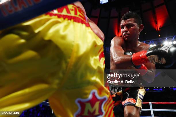 Roman "Chocolatito" punches Gonzalez Srisaket Sor Rungvisai during their Championship fight for Gonzalez's WBC junior bantamweight title at Madison...