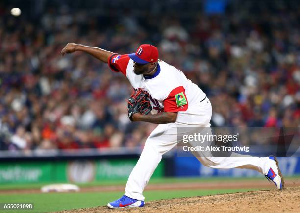 Jumbo Diaz of Team Dominican Republic pitches during Game 6 of Pool F of the 2017 World Baseball Classic against Team USA on Saturday, March 18, 2017...