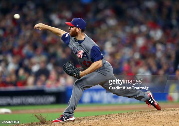 Sam Dyson of Team USA pitches in the eighth inning of Game 6 of Pool F of the 2017 World Baseball Classic against Team Dominican Republic on...