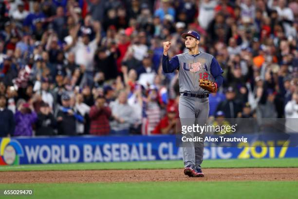 Nolen Arenado of Team USA celebrates after the final out of Game 6 of Pool F of the 2017 World Baseball Classic against Team Dominican Republic on...