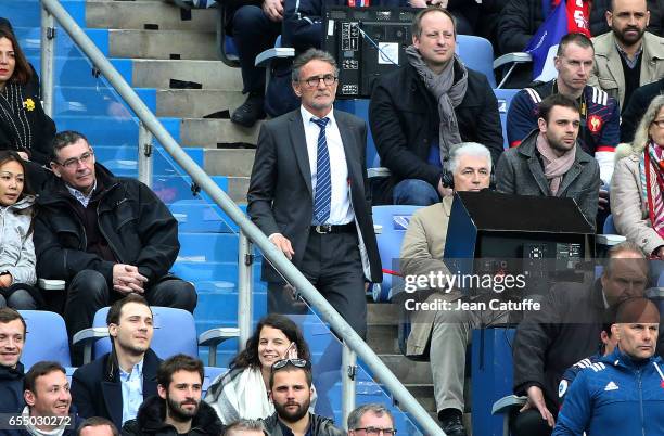 Head coach of France Guy Noves looks on during the RBS 6 Nations rugby match between France and Wales at Stade de France on March 18, 2017 in...