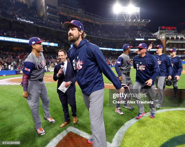 Andrew Miller of Team USA walks off the field after Game 6 of Pool F of the 2017 World Baseball Classic against Team Dominican Republic on Saturday,...