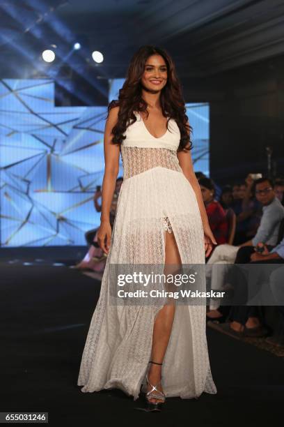 Sushrii Shreya Mishraa walks the runway at the Nidhi Munim show during India Intimate Fashion Week 2017 at Hotel Leela on March 18, 2017 in Mumbai,...