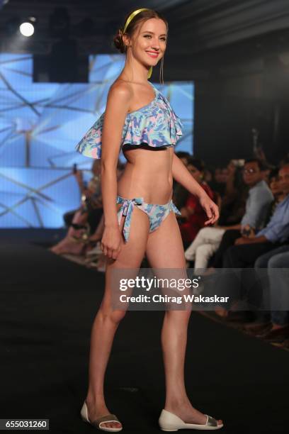 Model walks the runway at the Nidhi Munim show during India Intimate Fashion Week 2017 at Hotel Leela on March 18, 2017 in Mumbai, India.